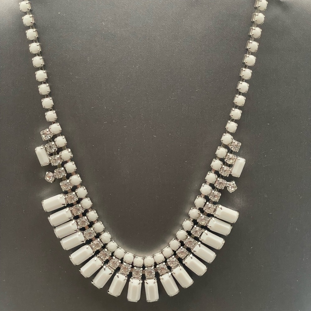 Vintage Kramer White Milk Glass, Rhinestone Silver Necklace, Bracelet, Earring